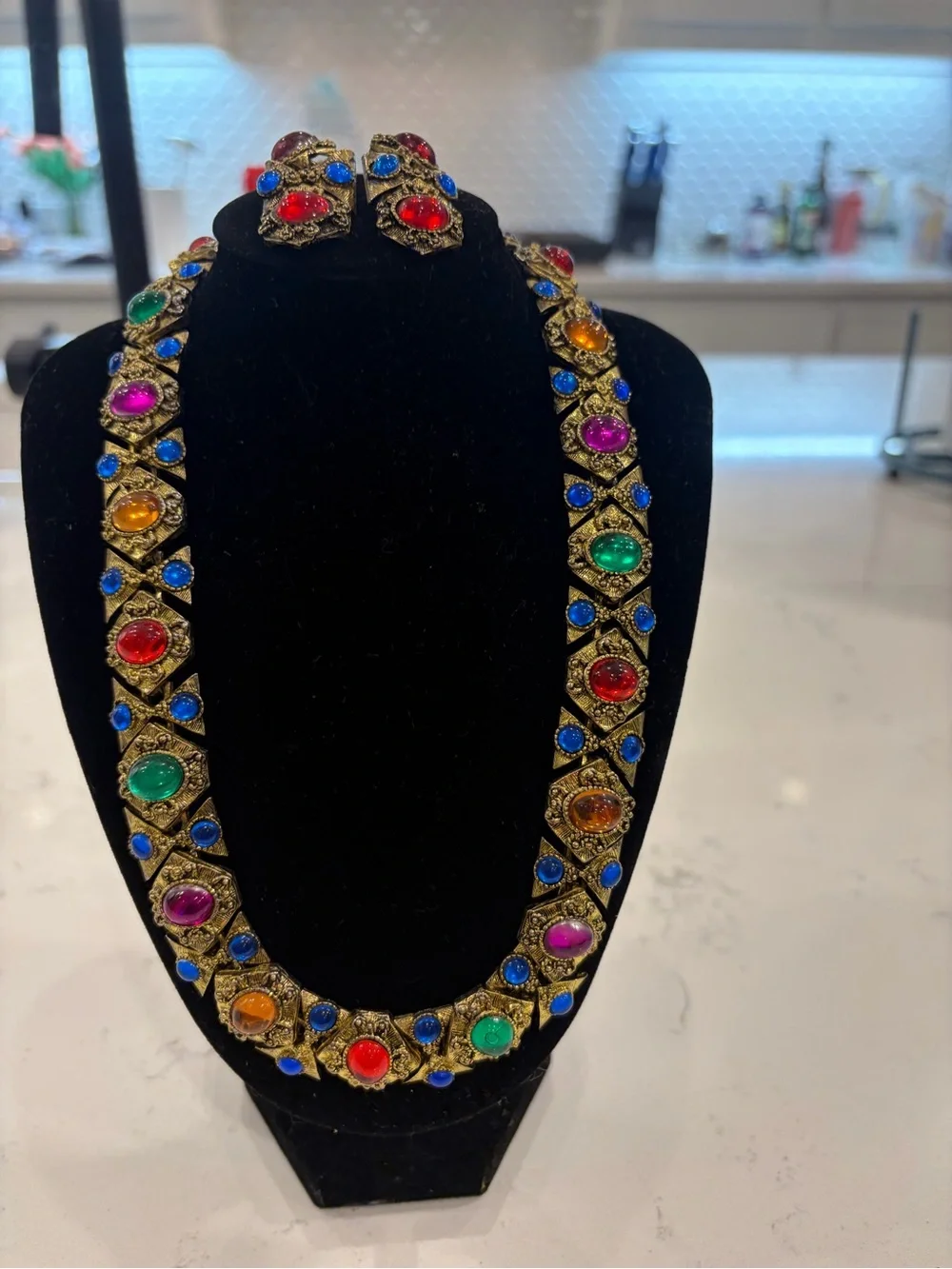 Vintage-Multicolor Stone Necklace and Earring Set - Gold Tone